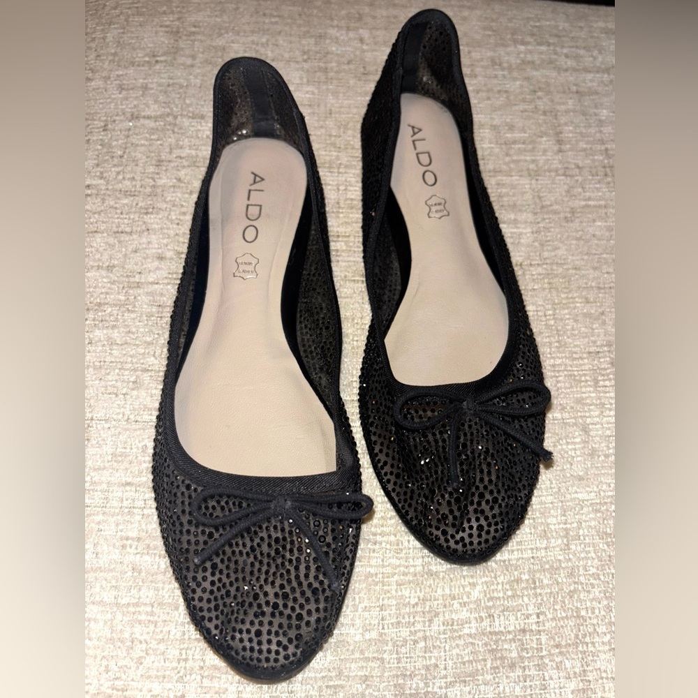 Aldo Black Sparkle Ballet Flats Bow Size 7.5 Balletcore Parisian Rhinestone Glam - Picture 2 of 5